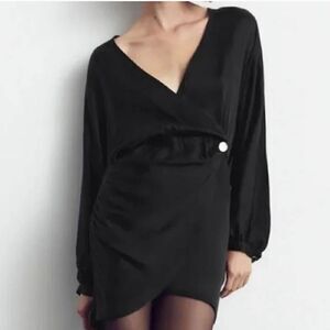 Zara Women's Black Satin Effect Wrap Dress Size XS‎